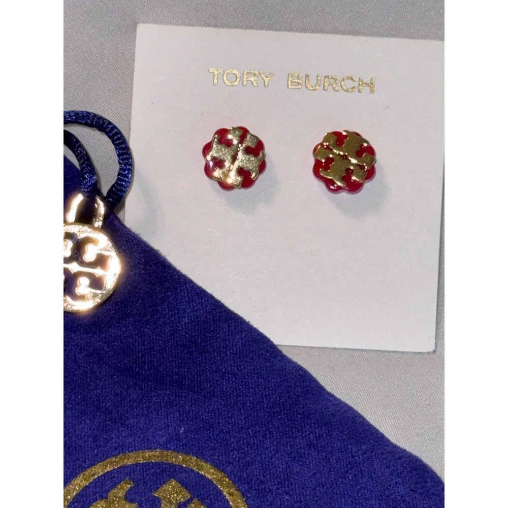 Tory‎ Burch Miller Stud Earrings Red Gold Logo Floral Scalloped NWOT